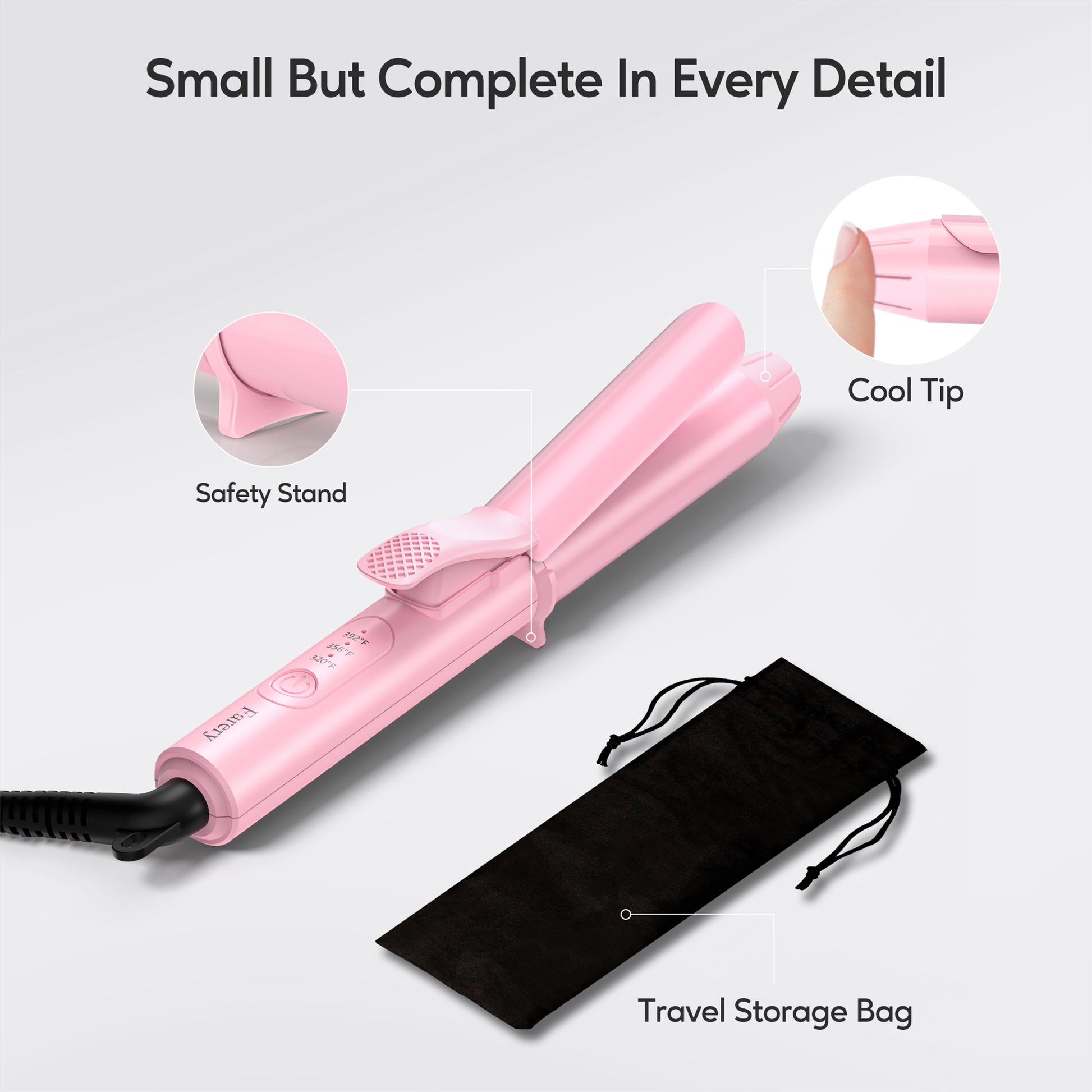 FARERY Mini Curling Iron, 1" Travel Size Hair Curler with Adjustable Temperatures, Pink