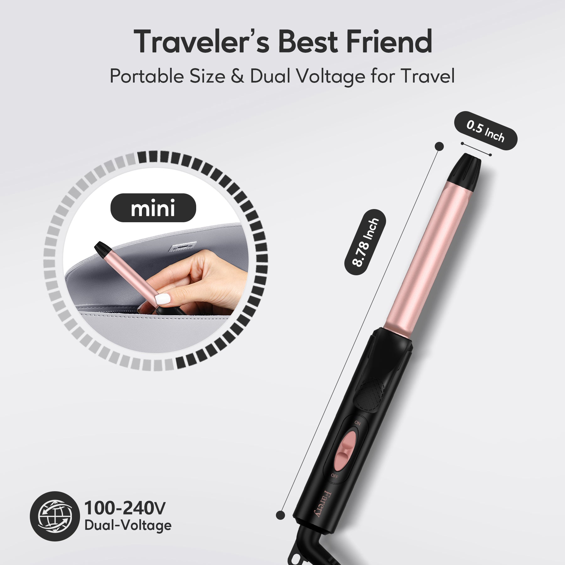 FARERY Travel Size Mini Curling Iron, 1/2" Ceramic Mini Hair Curler for Short Hair, Rosegold