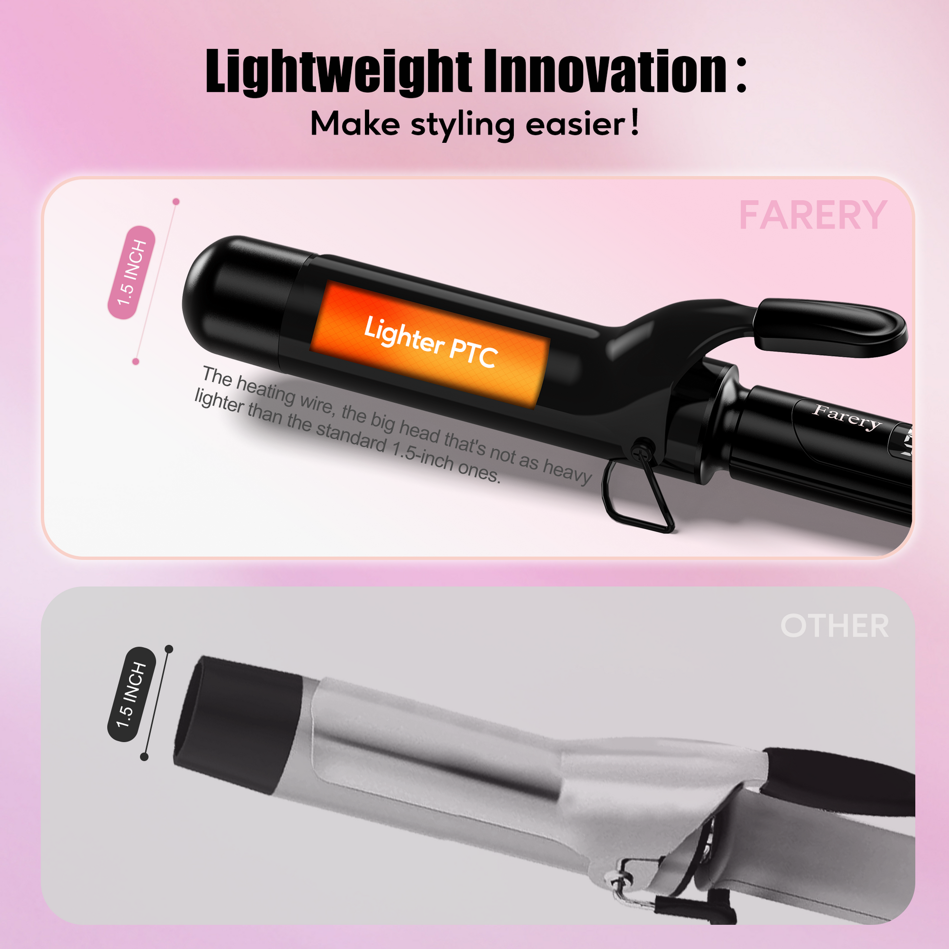FARERY 1.5 inch Curling Iron For Long Hair, Lightweight Long Barrel Ceramic Curling Iron