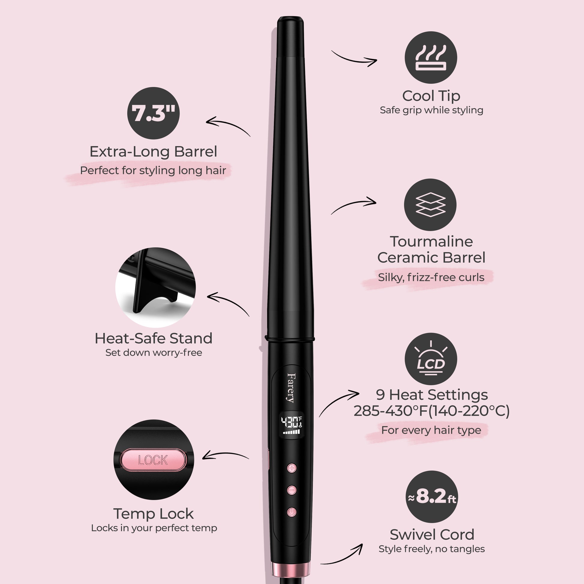 FARERY Tapered Curling Wand, 3/4-1 1/4" Conical with 7.3" Extra Long Barrel
