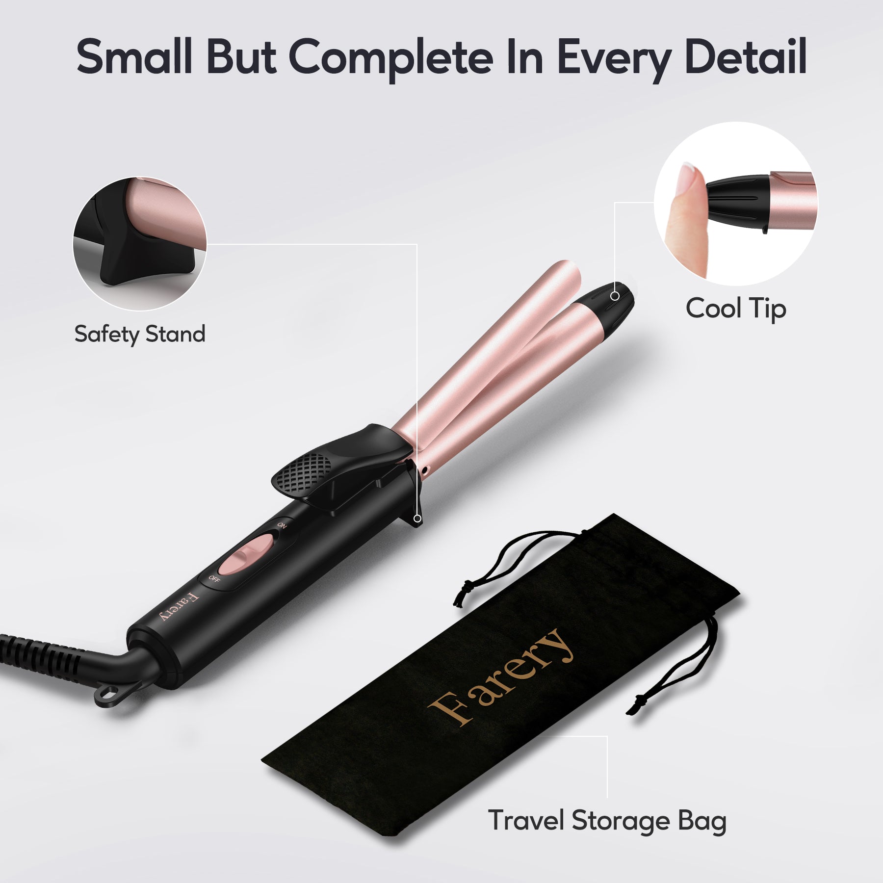 FARERY Travel Size Mini Curling Iron, 1/2" Ceramic Mini Hair Curler for Short Hair, Rosegold