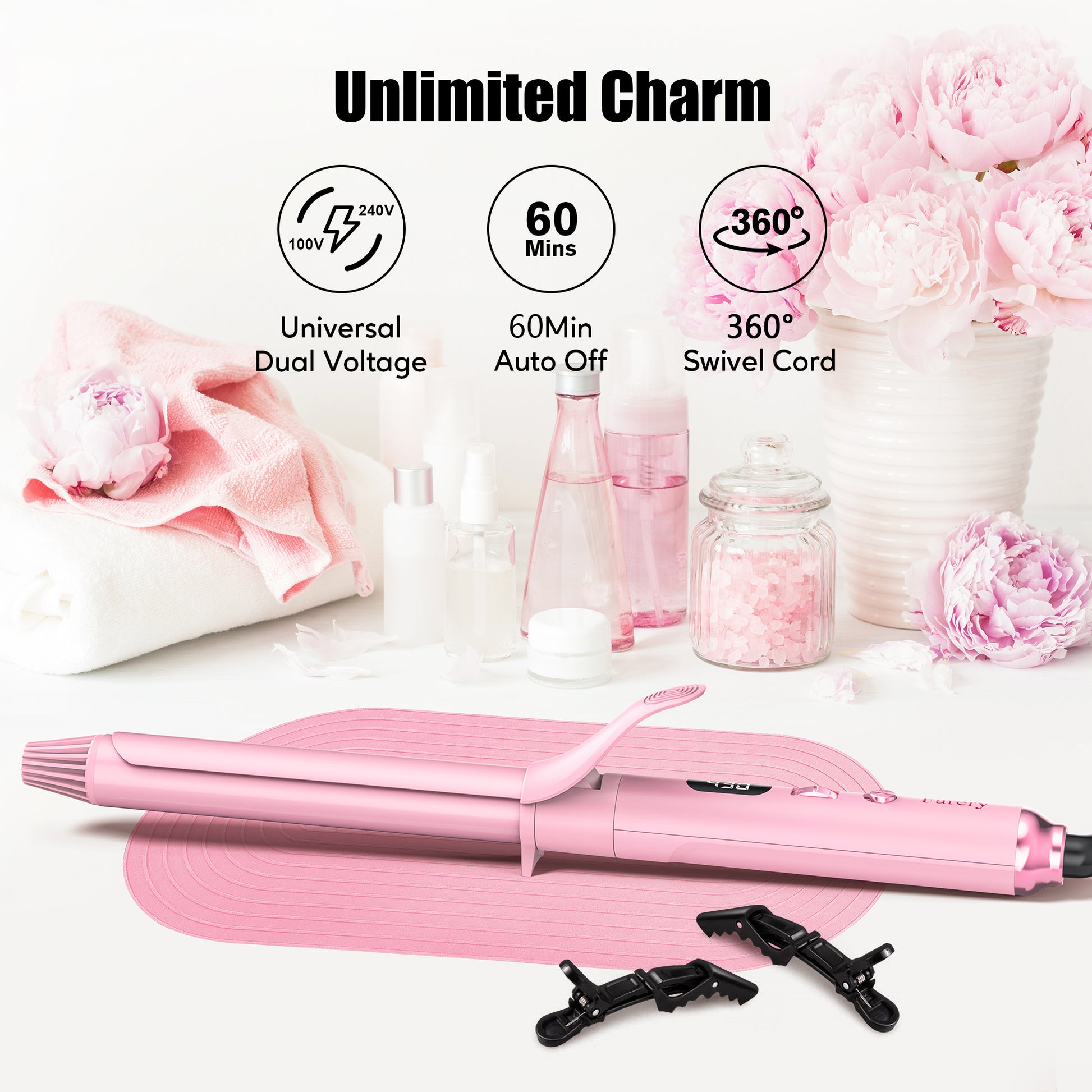 FARERY Extra Long Curling Iron, Long Barrel Ceramic Hair Curler 1 inch, Pink