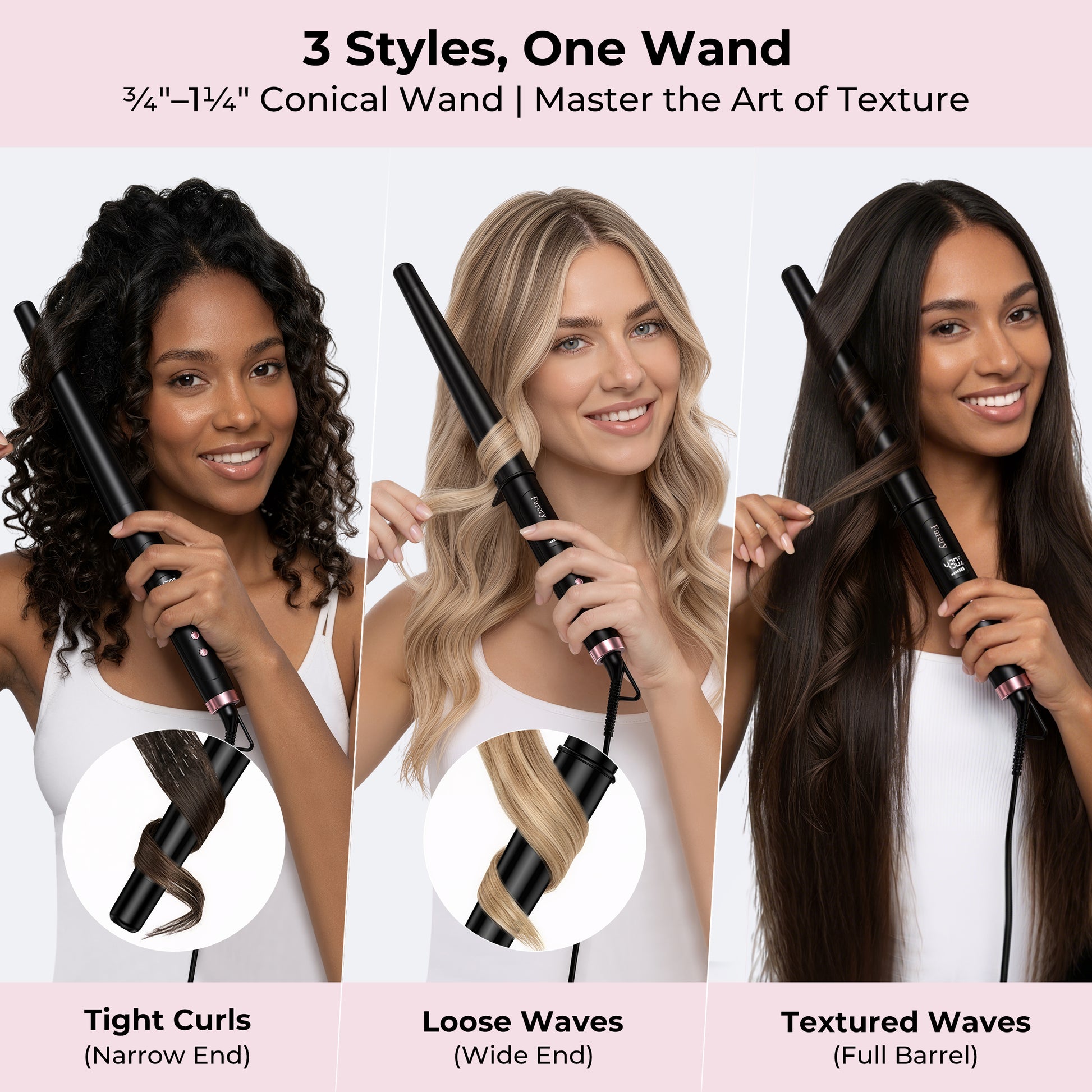 FARERY Tapered Curling Wand, 3/4-1 1/4" Conical with 7.3" Extra Long Barrel