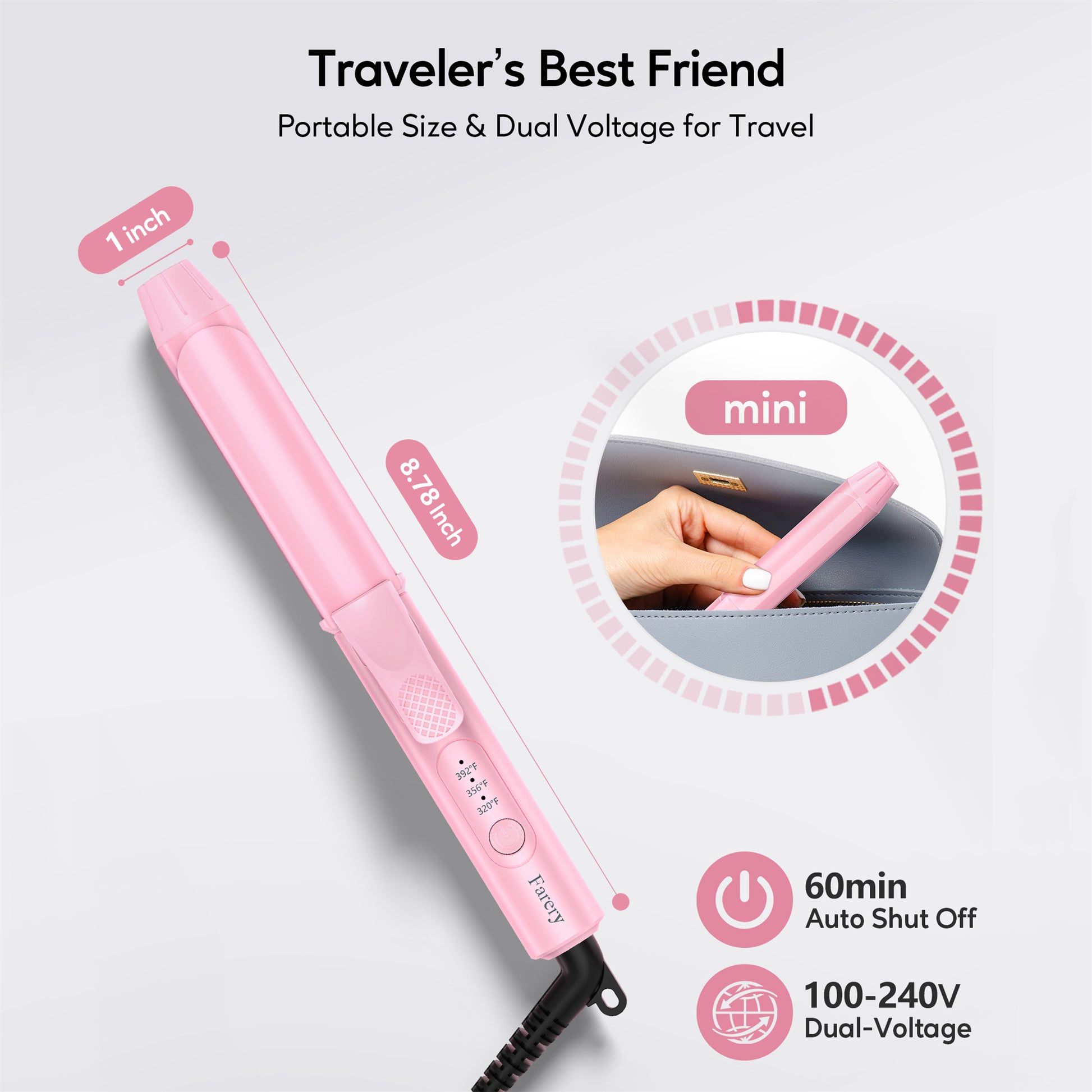 FARERY Mini Curling Iron, 1" Travel Size Hair Curler with Adjustable Temperatures, Pink