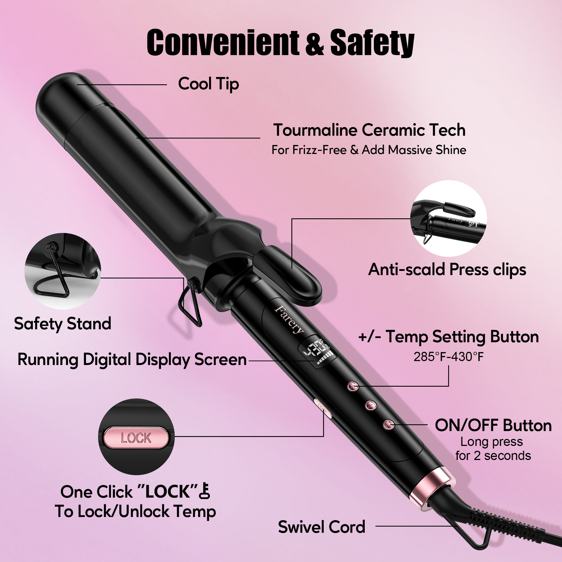 FARERY 1.5 inch Curling Iron For Long Hair, Lightweight Long Barrel Ceramic Curling Iron